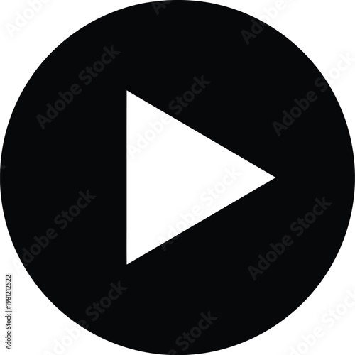 A large black and white play button on a circular background for multimedia content