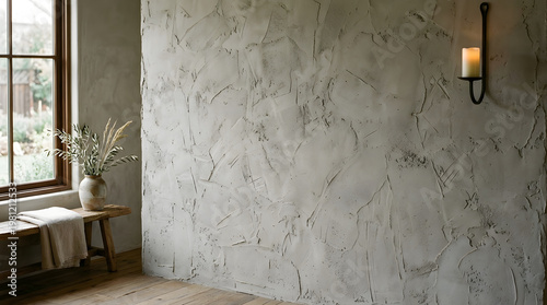 Textured plaster wall forms the backdrop of a serene interior, softly lit by natural window light and a warm candle glow, creating a peaceful, rustic home ambiance