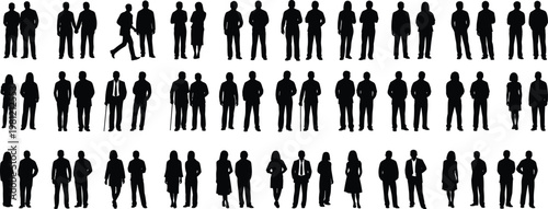 Business people silhouette collection with standing poses, professional team characters, corporate men and women set, office staff vector, black and white illustration