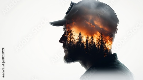 Environmental awareness action forest fires digital art urban setting profile view nature conservation concept