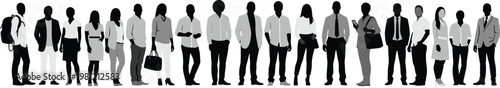 Business people silhouettes collection, diverse professionals standing row, office workers group set, corporate characters illustration, isolated black and white human figures bundle