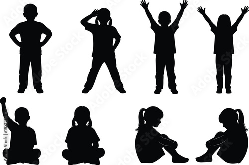 Children silhouettes collection, kids standing and sitting poses set, playful child gestures and emotions, childhood activity illustration, isolated black kids silhouettes bundle
