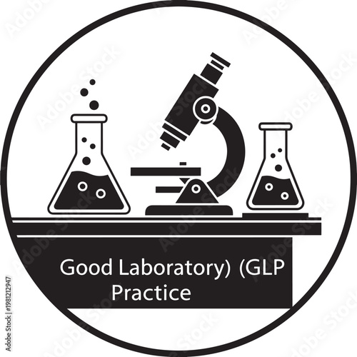 Laboratory equipment set with microscope and flasks for good laboratory practice featuring science, research, GLP with lab and scientific elements