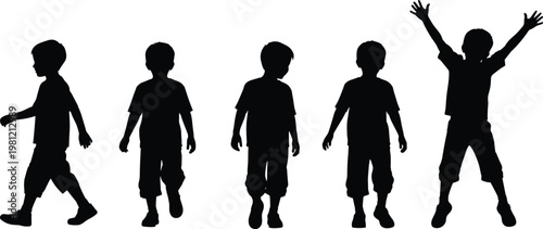 Children silhouettes collection, kids walking and jumping poses, playful activity concept, childhood lifestyle, black isolated figures, happy movement illustration set, young boys