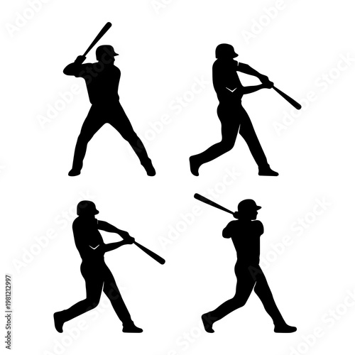 Professional Baseball Player Silhouettes Set - Batting and Action Poses Vector