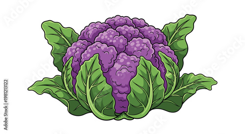 Whole vibrant purple cauliflower head with green leaves, showcasing a striking and nutritious vegetable perfect for adding color to meals.