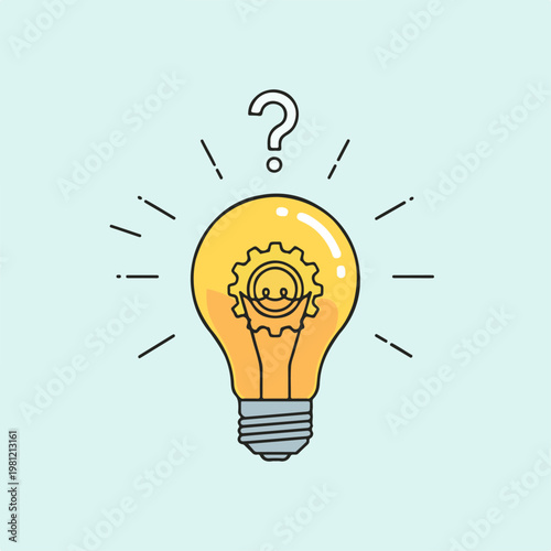 A cartoon lightbulb with a gear inside and a question mark above it in silhouette mode