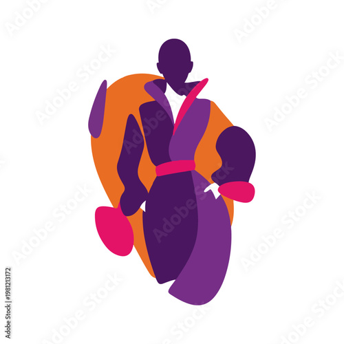A vibrant illustration of a woman in a modern outfit with a colorful abstract design silhouette