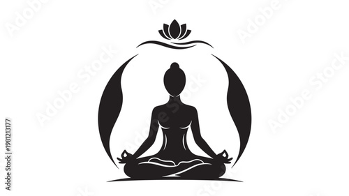 Whisker meditation icon with lotus pose silhouette and simple monoline style for wellness logo branding