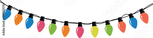 Colorful Christmas lights garland, festive decoration string, holiday celebration concept, bright bulbs illustration, isolated design, winter season ornament, cheerful decor