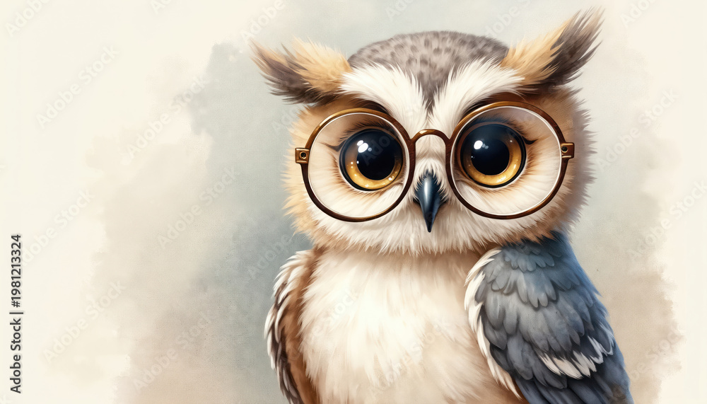Fototapeta premium Cute owl wearing round glasses and looking curious. Soft watercolor style artwork. Adorable bird character with fluffy feathers, great for kids content.