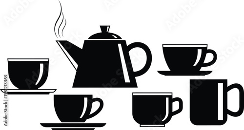Classic tea set with teapot and four cups on a saucer arrangement Vector