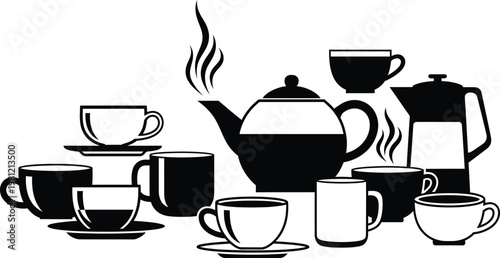 Classic teapot and assortment of cups and saucers for tea time Vector