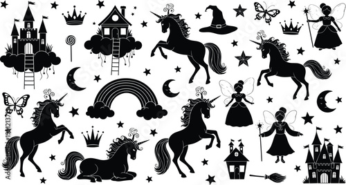 Fairy tale silhouette collection with unicorn, castle, witch hat, fairy, rainbow, stars, magical elements, fantasy vector illustration, black and white design set