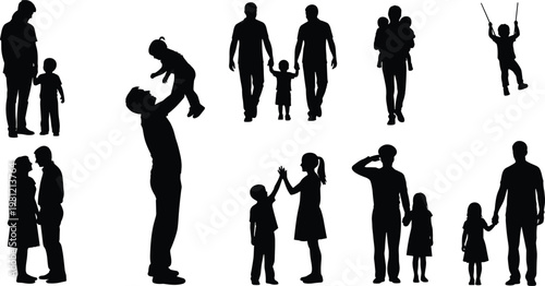 Family silhouettes collection, parents and children interaction poses set, love care and parenting moments illustration, isolated black human silhouettes bundle, lifestyle figures pack