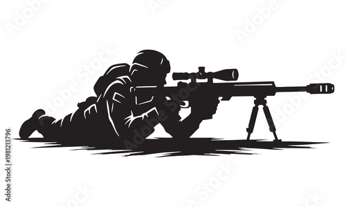 Military sniper silhouette in prone position, tactical soldier with long range rifle and scope, black and white marksman vector illustration
