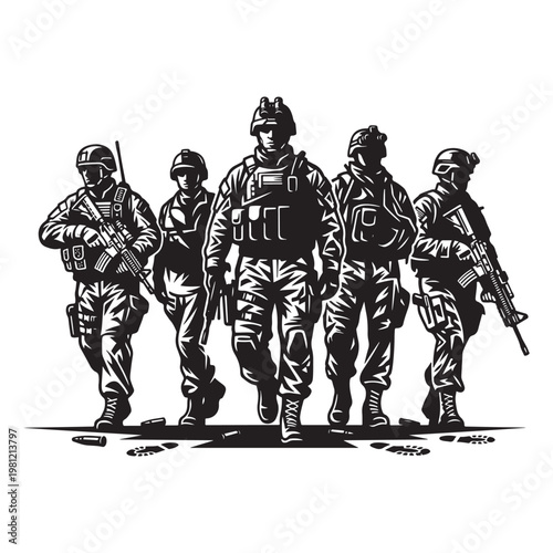 Military special forces squad vector illustration, tactical soldiers team in combat gear, black and white armed infantry unit silhouette