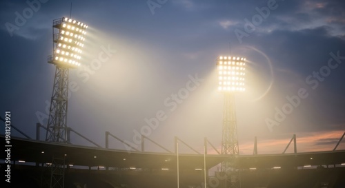 Two tall stadium floodlight towers illuminate the night sky over a large outdoor sports arena