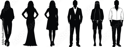 Fashion people silhouettes collection, stylish men and women standing poses set, modern outfit figures illustration, isolated black human silhouettes bundle, trendy lifestyle pack