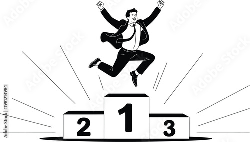 Victory, success, and achievement concept, businessman jumping on winner podium, champion, first place