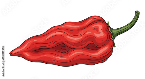 Fiery illustration of a single red habanero pepper, showcasing its distinctive wrinkled, irregular shape and vibrant color, signaling intense heat, on a white background.