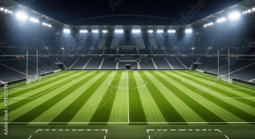 An empty stadium with green grass pitch illuminated by bright floodlights at night for a game.