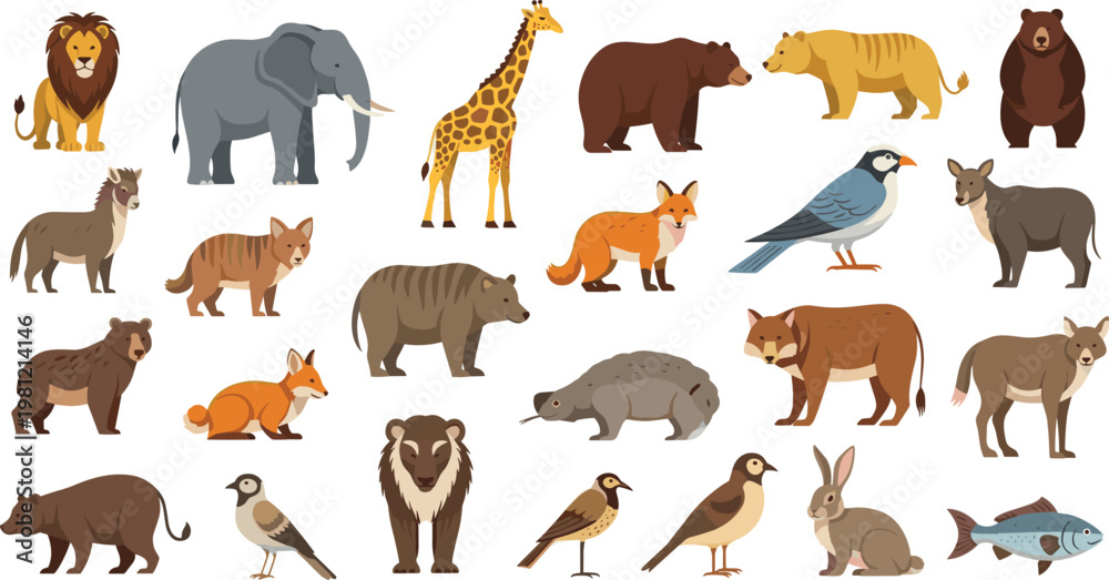 Obraz premium Flat vector set of wild forest animals including lion elephant giraffe bear fox deer wolf rabbit birds isolated on white background
