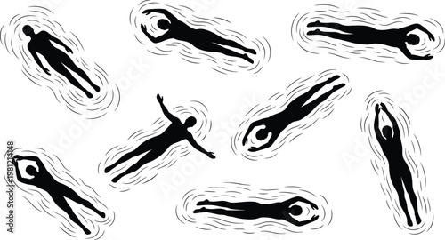 Floating human silhouettes collection, levitation poses set, abstract flying people figures, spiritual aura energy illustration, isolated black silhouette characters bundle, surreal motion concept