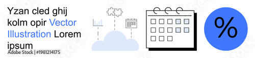 Data analytics, cloud services, business planning, percentage, time management, scheduling. Graphic elements including cloud, calendar and percentage icon. Cloud services and business planning