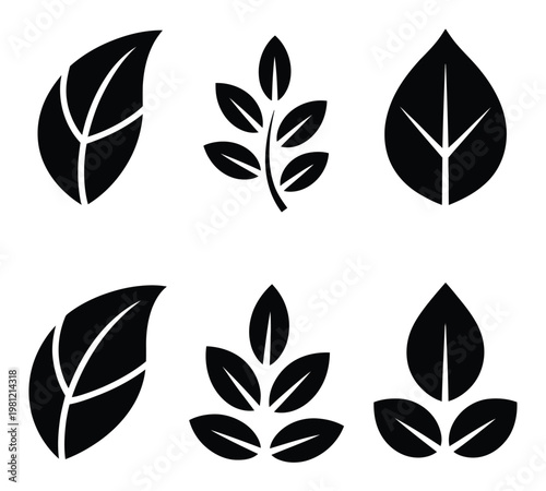 Collection of Black Leaf and Silhouettes on White Background
