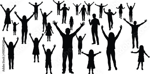 Happy people silhouette collection with raised hands, celebrating crowd, joyful men women and kids, success concept, freedom expression, black and white vector illustration