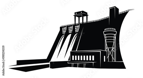 Dramatic black silhouette of a hydroelectric dam with architectural details