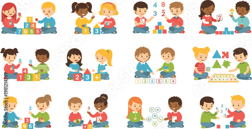 Kids learning math activity vector set with children counting numbers blocks shapes educational play isolated on white background