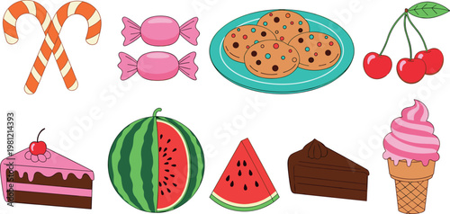 Flat Design Candy, Fruit, Cake, and Ice Cream Icons Set for Sweets, Desserts, and Confectionery Branding