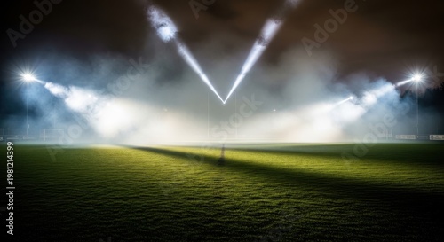 Bright stadium floodlights illuminate a dark grassy field during a misty night time event.