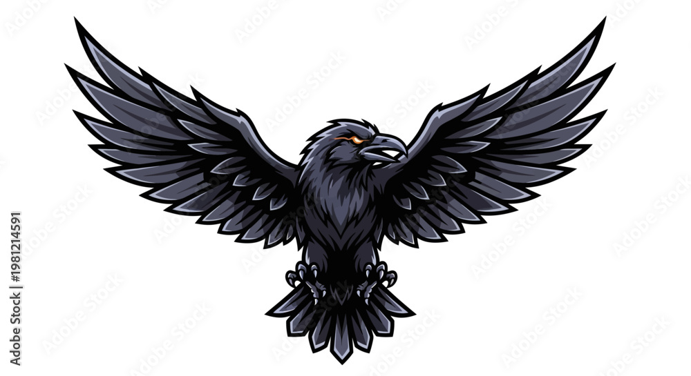 Fototapeta premium Raven illustration with wings spread against white background