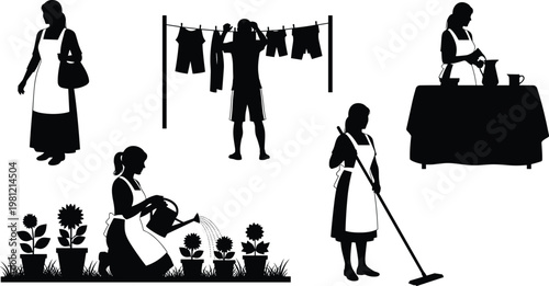 Household chores silhouettes collection, cleaning cooking gardening laundry tasks set, domestic worker figures illustration, home activity people bundle, isolated black human silhouettes pack