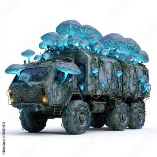 Postapocalyptic truck covered with glowing blue fantasy mushrooms vehicle