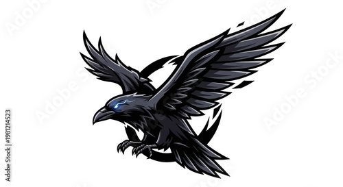 Raven flying wings outspread vector illustration isolated on white background