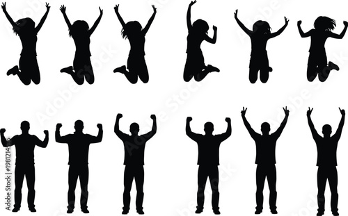 Jumping people silhouettes collection, celebration and victory poses set, happy men and women figures illustration, energetic movement bundle, isolated black human silhouettes pack