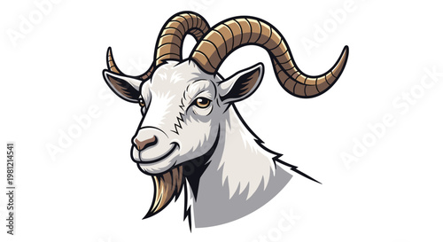 Friendly goat head, facing slightly to the side, showcasing its impressive curved horns, shaggy beard, and gentle expression.
