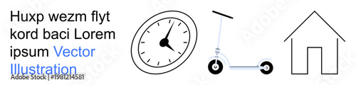 Time management, transportation, urban lifestyle, personal routines, home living, schedules. Icon set with a clock, scooter and house. Time management and transportation