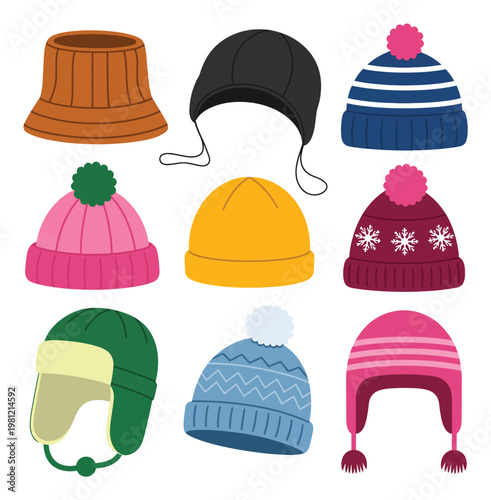 Collection of Colorful Winter Hats with Pom-Poms and Ear Flaps