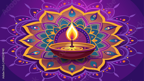 Intricate diya lamp with floral and paisley decorative patterns