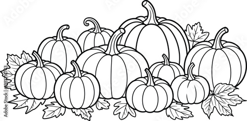 Black and white pumpkin patch illustration, autumn harvest vector, line art pumpkins, fall leaves