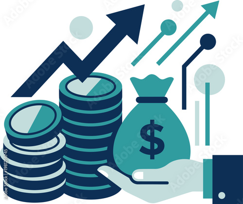 A hand holds a money bag with coins and graphs showing growth.