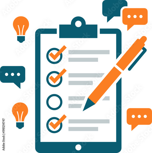 A clipboard with a checklist and pencil surrounded by speech bubbles and a light bulb