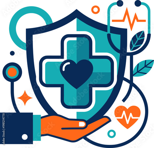 A hand holds a shield with a medical cross and heart symbolizing healthcare protection