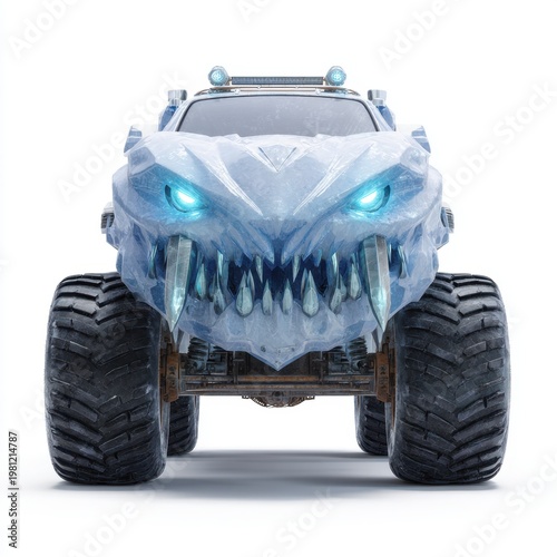 Frozen ice monster truck with glowing blue tusks front