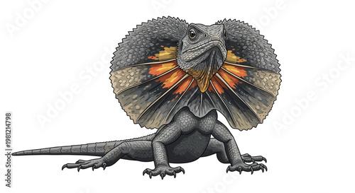 Detailed illustration of a frilled-neck lizard in a defensive pose, showcasing its distinctive frill and textured skin on a white background.